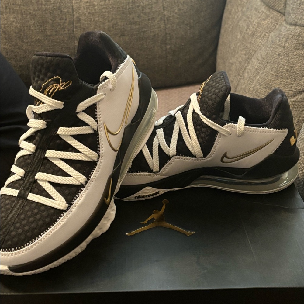 Nike LeBron 17 low.  White metallic gold